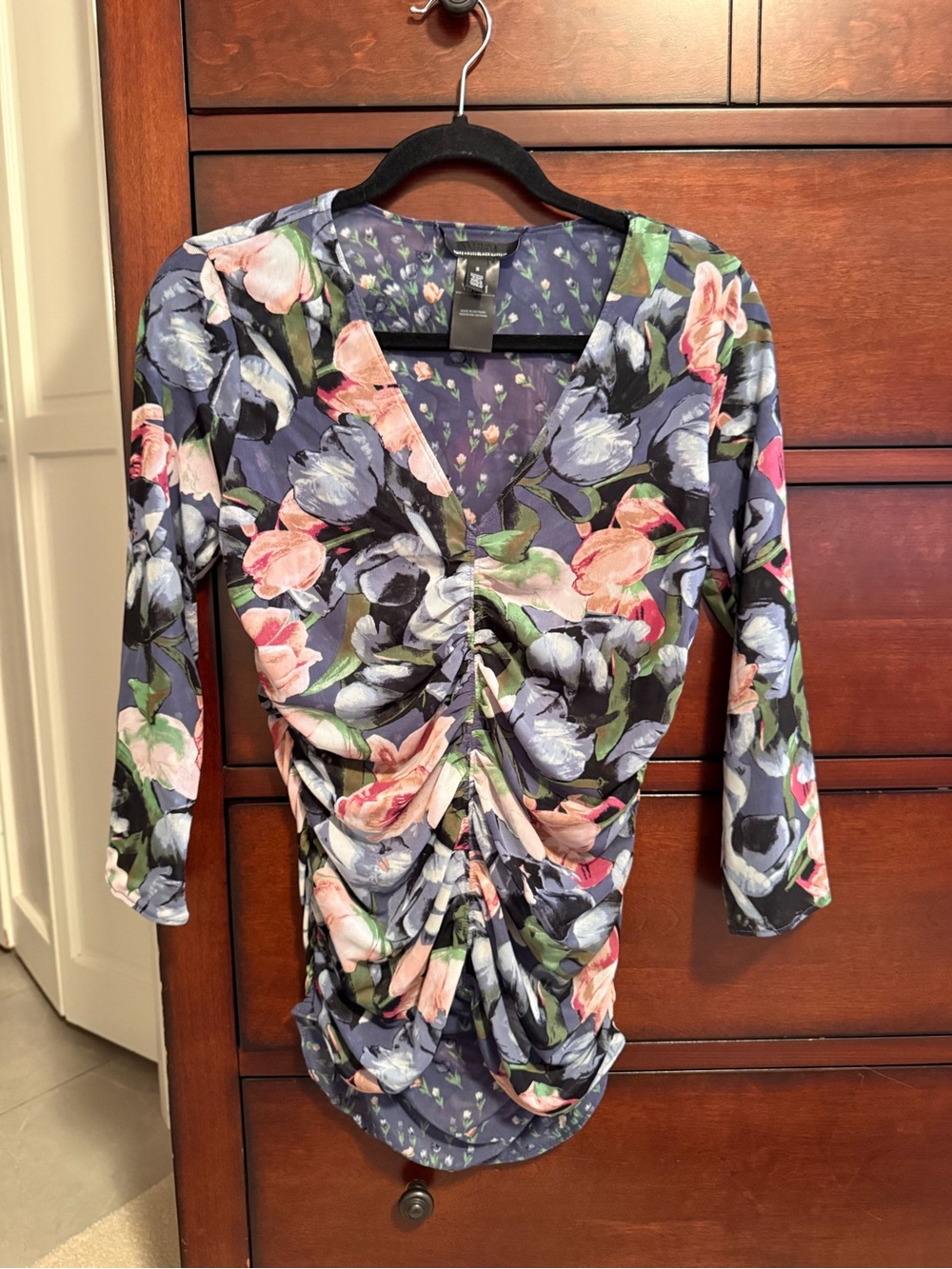White House Black Market Floral Reversible Ruched V-Neck Top - Navy/Pink/Green